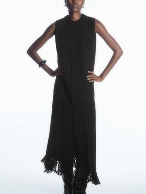 COS Black Wool Knit Sleeveless Maxi with Fringe Hem